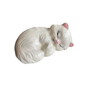 Scioto‎ Sleeping Cat Figurine White Ceramic Persian Kitty Vintage Shelf Decor